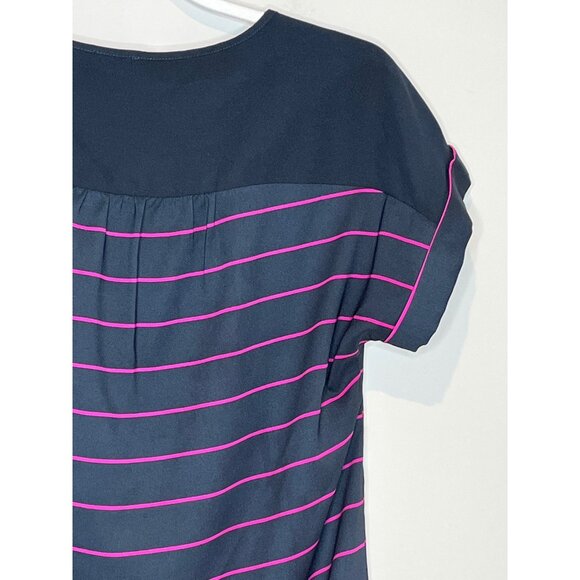 Ann Taylor Striped Blouse Size M Navy Pink Elastic Hem Cap Sleeve Top - Picture 10 of 12